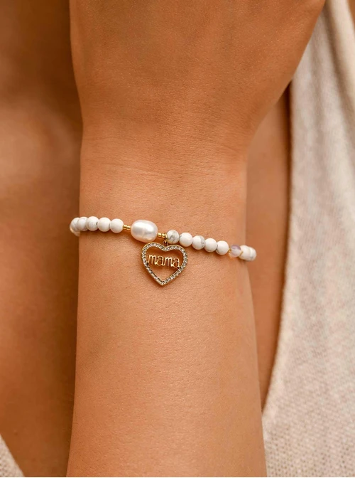 Bransoletka serce Mama, Howlit, stal pozłacana S109397Z02