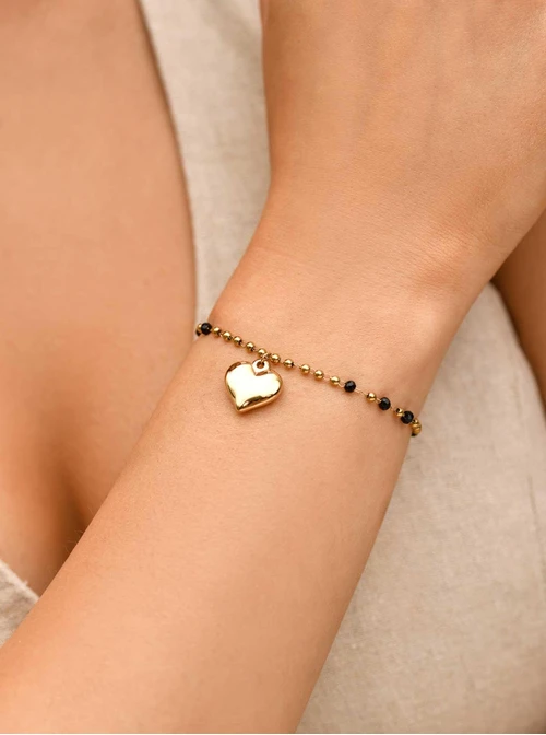 Bransoletka serce, czarne kryształki, stal pozłacana S109501Z00