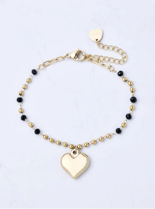 Bransoletka serce, czarne kryształki, stal pozłacana S109501Z00
