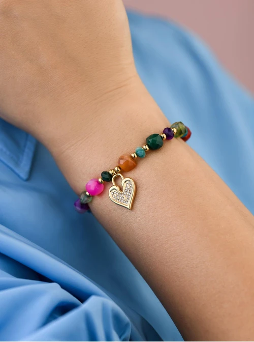 Bransoletka serduszko, Agat, stal pozłacana S108923Z00