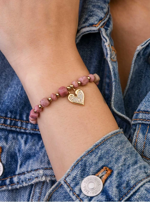 Bransoletka serduszko, Czerwony Piaskowiec, stal pozłacana S108916Z00