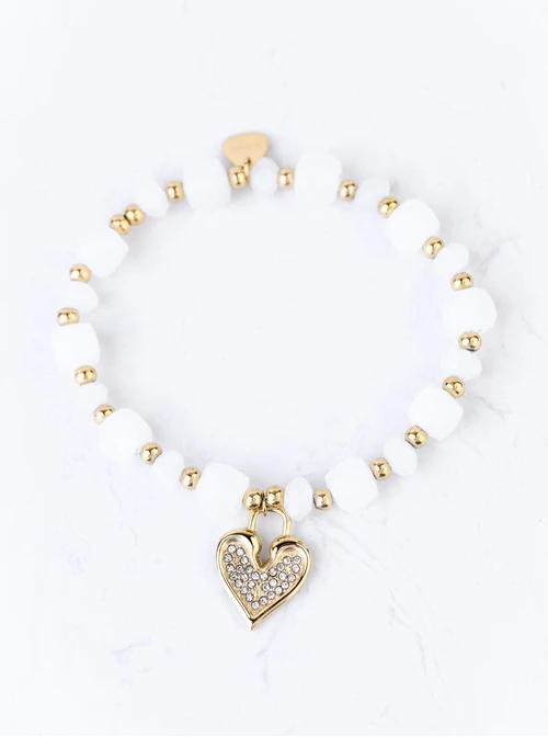 Bransoletka serduszko, Jadeit Biały, stal pozłacana S108919Z00