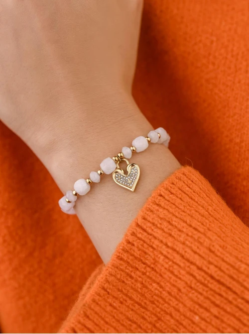 Bransoletka serduszko, Jadeit Biały, stal pozłacana S108919Z00