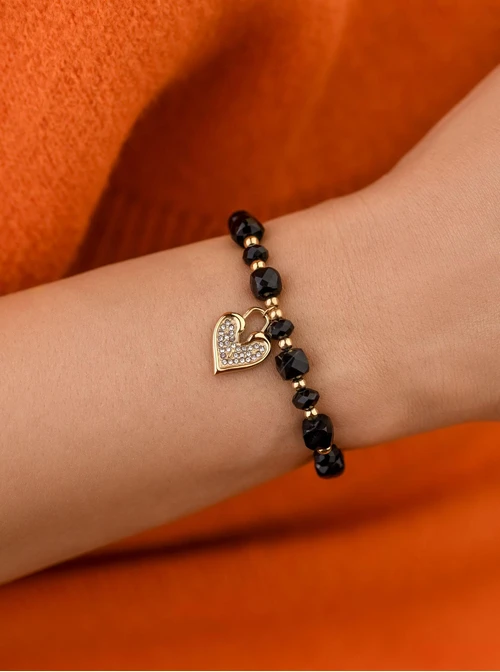 Bransoletka serduszko, Onyks, stal pozłacana S108929Z00