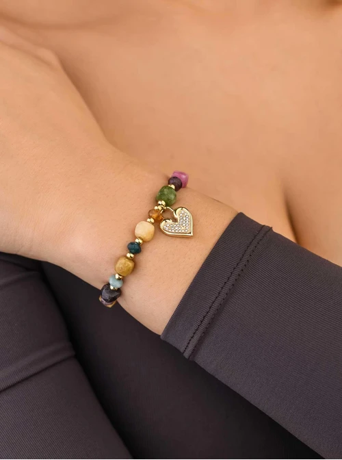 Bransoletka serduszko, Turmalin, stal pozłacana S108926Z00