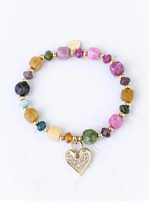 Bransoletka serduszko, Turmalin, stal pozłacana S108926Z00