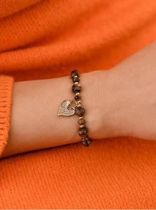 Bransoletka serduszko, Tygrysie Oko, stal pozłacana S108915Z00