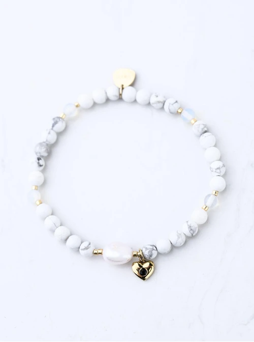 Bransoletka serduszko, perełka, Howlit, stal pozłacana S109393Z01