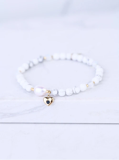 Bransoletka serduszko, perełka, Howlit, stal pozłacana S109393Z01