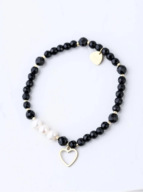 Bransoletka serduszko, perełki, Obsydian, stal pozłacana S109358Z01