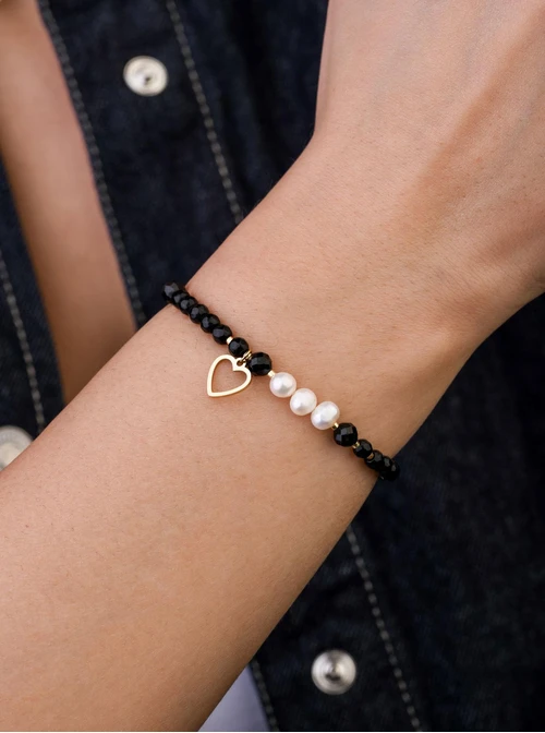 Bransoletka serduszko, perełki, Obsydian, stal pozłacana S109358Z01