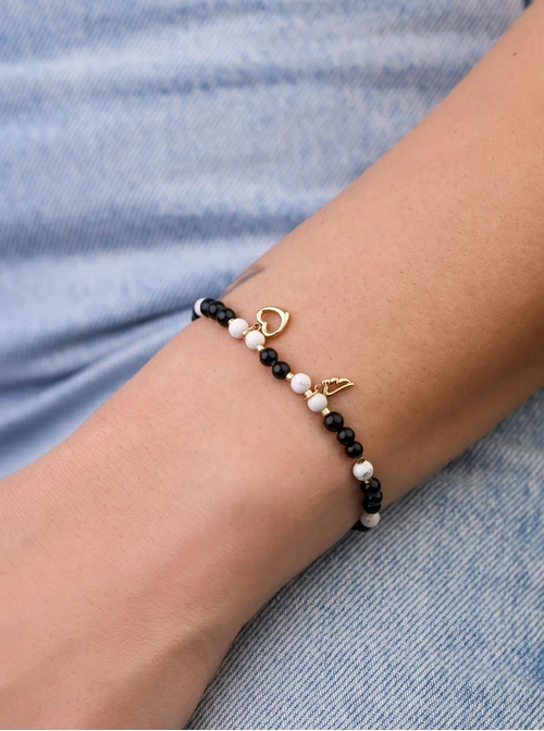 Bransoletka serduszko, skrzydełko, Obsydian, stal pozłacana S109380Z01