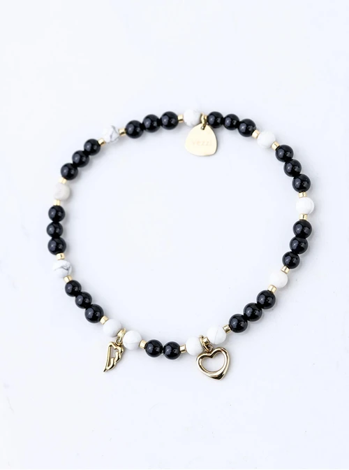 Bransoletka serduszko, skrzydełko, Obsydian, stal pozłacana S109380Z01