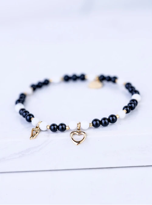 Bransoletka serduszko, skrzydełko, Obsydian, stal pozłacana S109380Z01