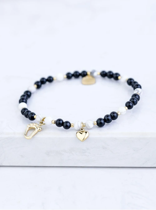 Bransoletka serduszko, stópka, Obsydian, stal pozłacana S109379Z01