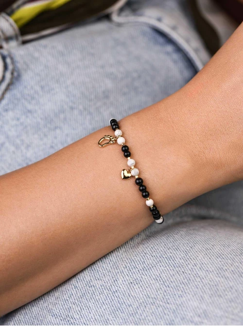 Bransoletka serduszko, stópka, Obsydian, stal pozłacana S109379Z01