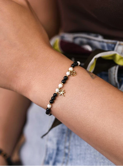 Bransoletka serduszko, ważka, Obsydian, stal pozłacana S109377Z01