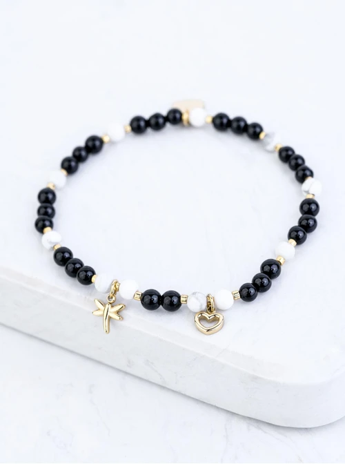 Bransoletka serduszko, ważka, Obsydian, stal pozłacana S109377Z01