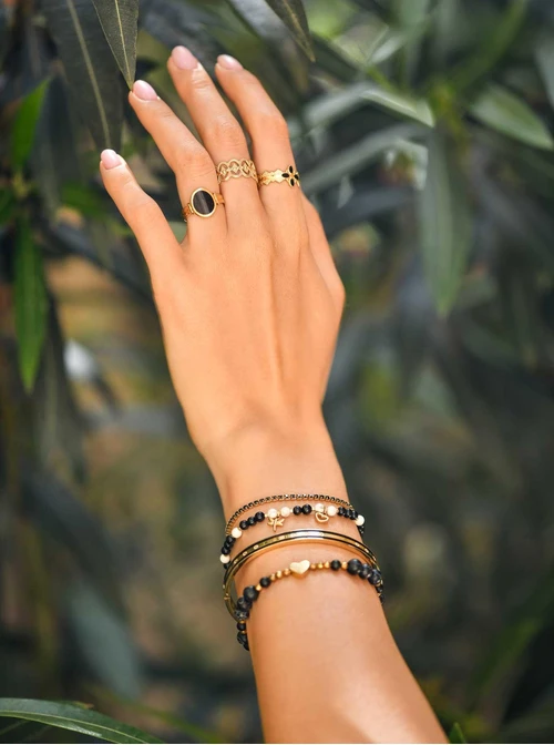 Bransoletka serduszko, ważka, Obsydian, stal pozłacana S109377Z01