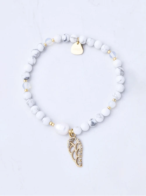 Bransoletka skrzydełko, perełka, Howlit, stal pozłacana S109399Z02