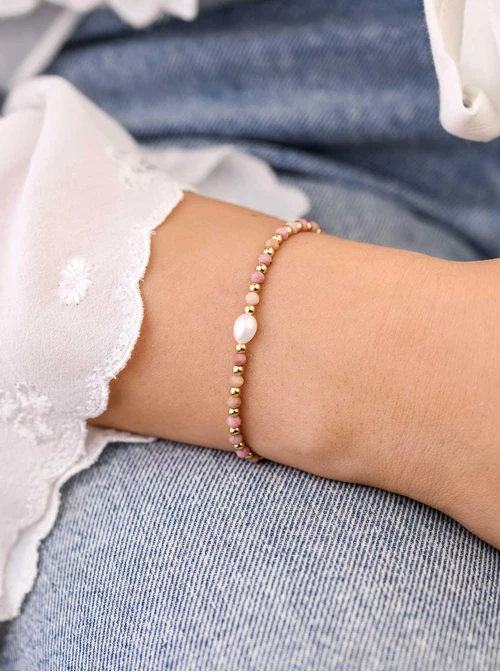 Bransoletka z perełką, Rodonit, stal pozłacana S108515Z00