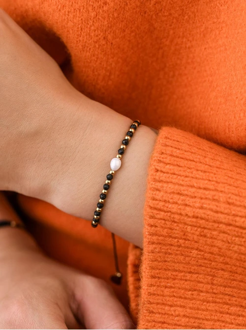 Bransoletka z perełką, Zielone Tygrysie Oko, stal pozłacana S108513Z00