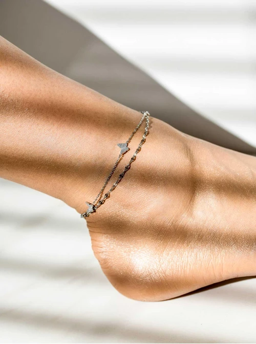 Bransoletka na kostkę podwójna, motylki, stal S109643S00