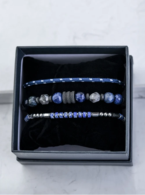 [Zestaw] Bransoletka męska, sznurek, granatowy, stal S109285S04