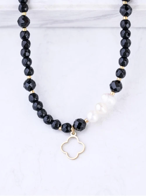 Choker koniczynka, perełki, Obsydian, stal pozłacana S309418Z01