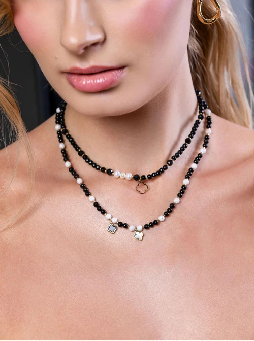 Choker koniczynka, perełki, Obsydian, stal pozłacana S309418Z01