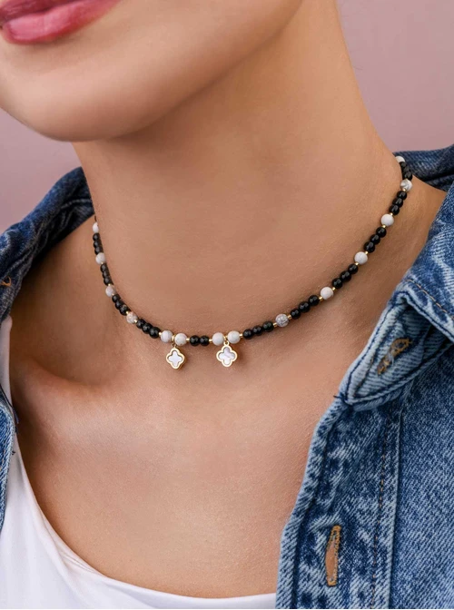 Choker koniczynki, Obsydian, stal pozłacana S309420Z01