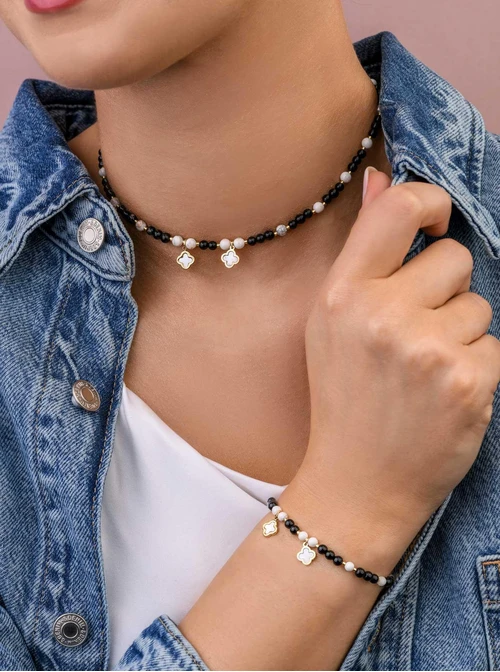 Choker koniczynki, Obsydian, stal pozłacana S309420Z01