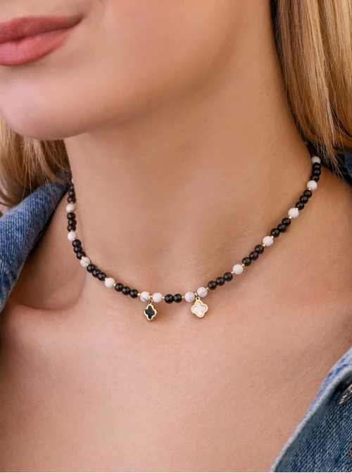 Choker koniczynki, Obsydian, stal pozłacana S309421Z01