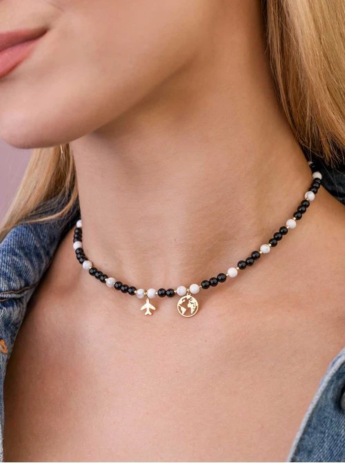 Choker mapa świata, Obsydian, stal pozłacana S309419Z01