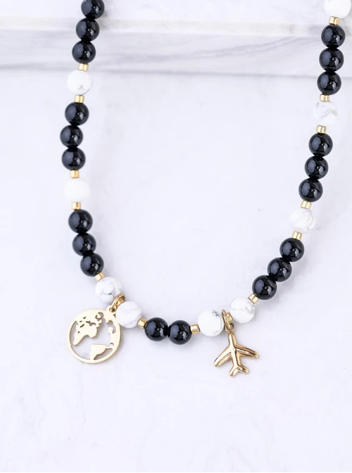 Choker mapa świata, Obsydian, stal pozłacana S309419Z01