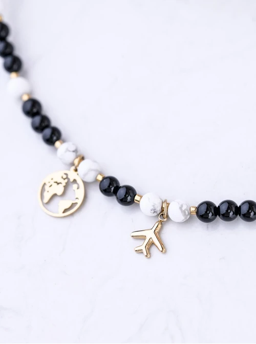 Choker mapa świata, Obsydian, stal pozłacana S309419Z01