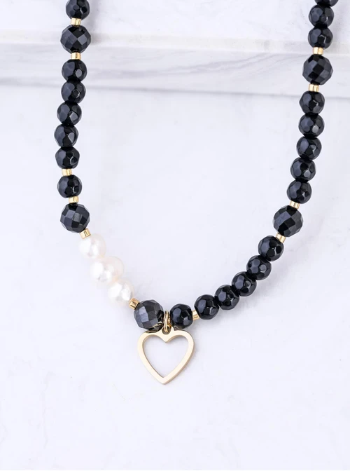 Choker serduszko, perełki, Obsydian, stal pozłacana S309416Z01