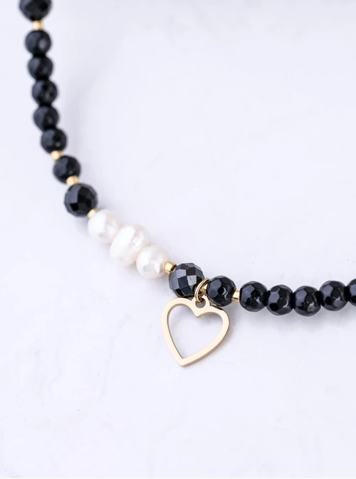 Choker serduszko, perełki, Obsydian, stal pozłacana S309416Z01