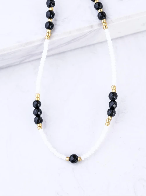 Choker z białymi koralikami, Obsydian, stal pozłacana S309424Z00