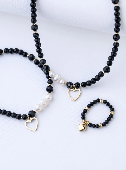 [Zestaw] Choker serduszko, perełki, Obsydian, stal pozłacana S309416Z01