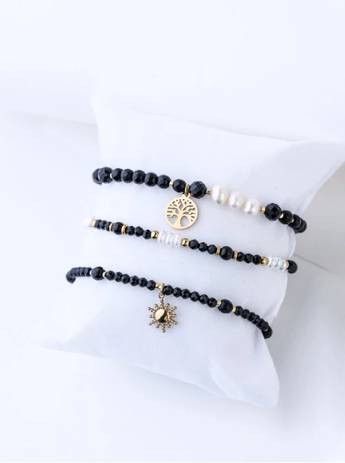 [Zestaw] Bransoletka drzewko, perełki, Obsydian, stal pozłacana S109363Z00