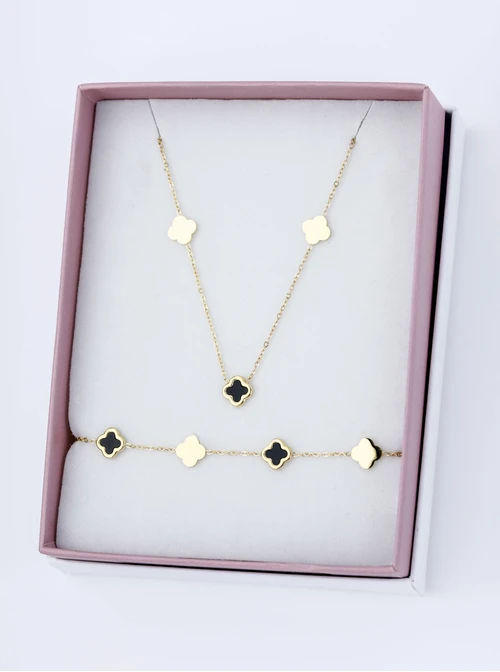 [Zestaw] Naszyjnik koniczynki, stal pozłacana S309502Z00