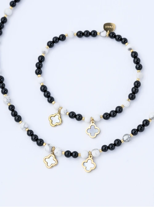 [Zestaw] Choker koniczynki, Obsydian, stal pozłacana S309420Z01