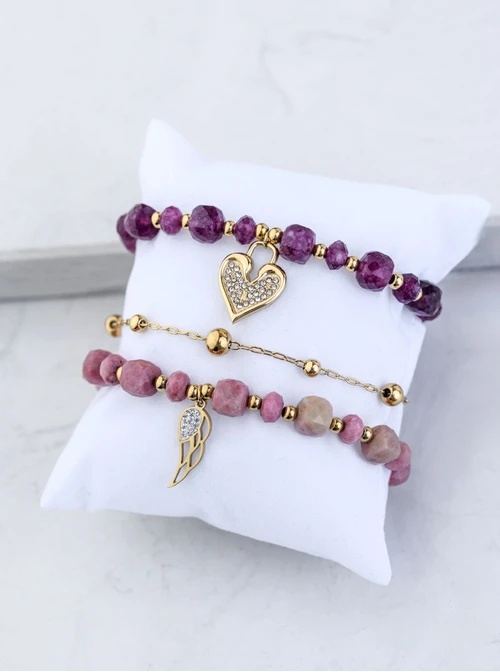 [Zestaw] Bransoletka serduszko, Fosfosyderyt, stal pozłacana S108912Z00