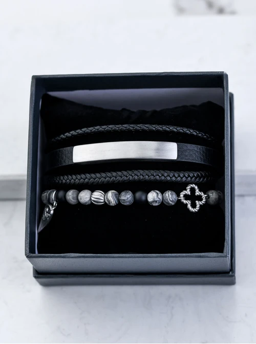 [Zestaw] Bransoletka męska, czarny, stal S109313S01