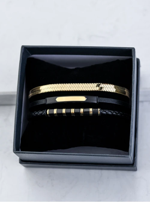 [Zestaw] Bransoletka męska, czarny, stal pozłacana S109301Z01