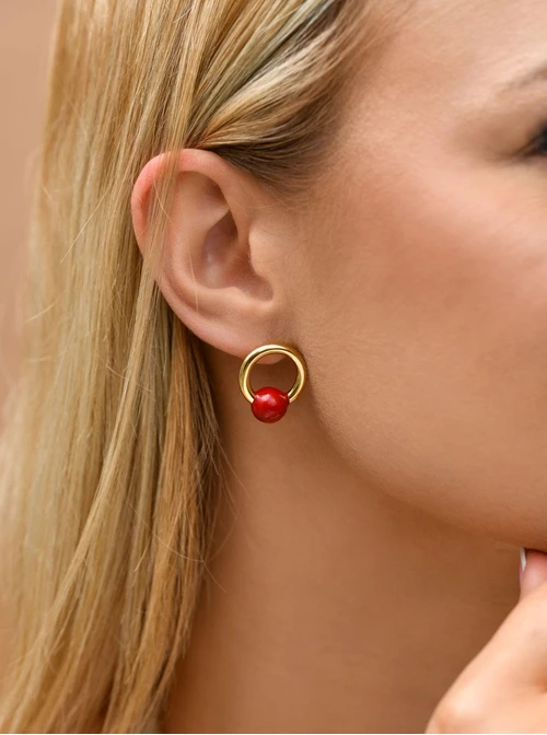 Kolczyki czerwone kuleczki, stal pozłacana S209449Z03