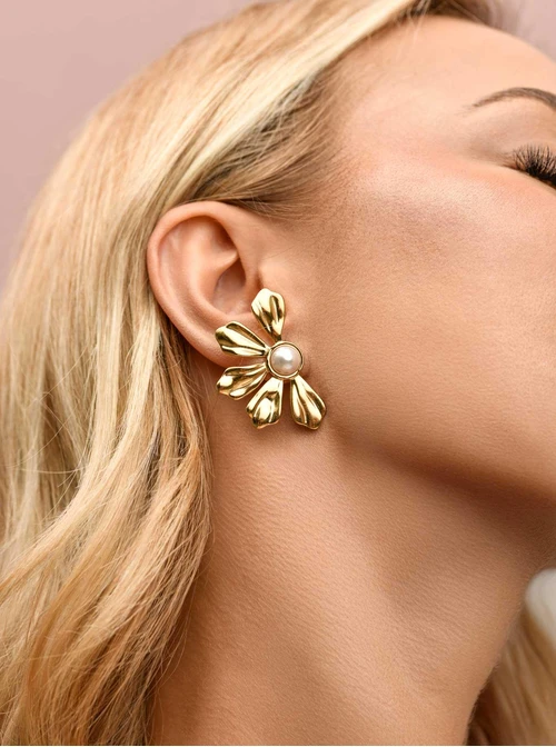 Kolczyki kwiaty z perełką, stal pozłacana S209464Z00