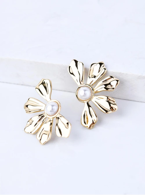 Kolczyki kwiaty z perełką, stal pozłacana S209464Z00