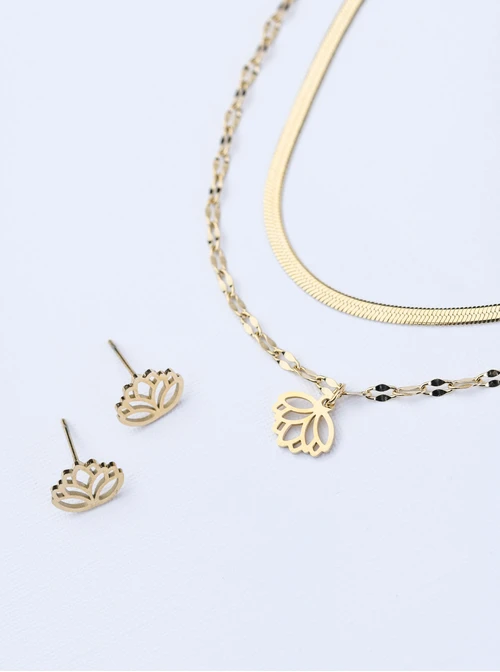 [Zestaw] Naszyjnik podwójny, kwiat lotosu, stal pozłacana S309426Z00